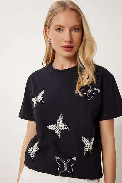 Happiness İstanbul Women's Black Pearl Butterfly Stone Knitted T-Shirt Mp00033