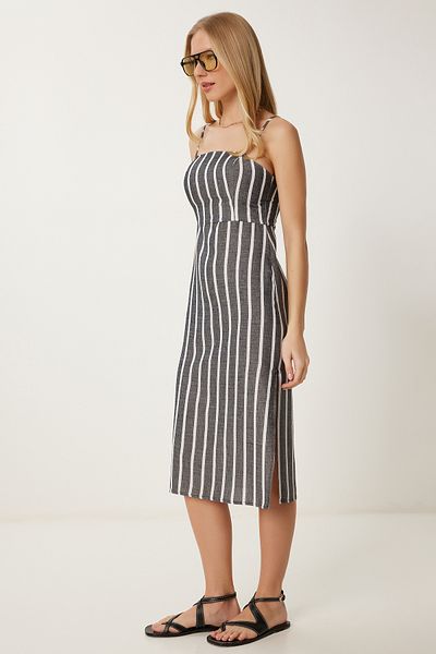 Happiness İstanbul Women's Anthracite Bone Strap Striped Summer Dress Li00127