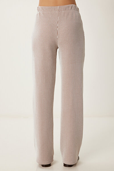 Happiness İstanbul Women's Brown Bone Striped Wide Leg Knitted Trousers Hw00018