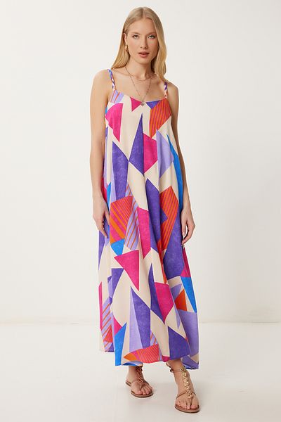 Happiness İstanbul Women's Orange Purple Strap Patterned Summer Woven Dress Rg00064