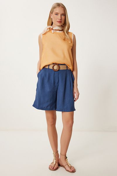 Happiness İstanbul Women's Indigo Blue Straw Belt City Size Ayrobin Bermuda Shorts Dp00258
