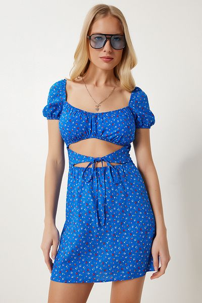 Happiness İstanbul Women's Dark Blue Cut Out Detailed Mini Viscose Dress Fk00023