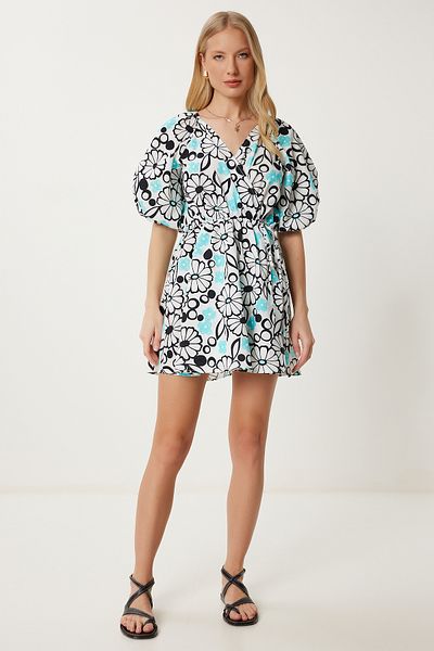 Happiness İstanbul Women's White Blue Wrap Collar Patterned Summer Dress Fk00022