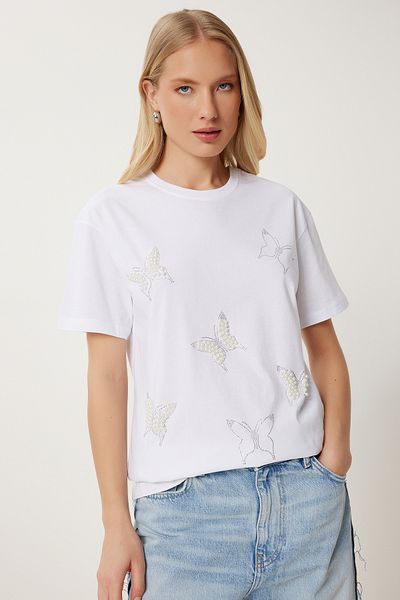 Happiness İstanbul Women's White Pearl Butterfly Stone Knitted T-Shirt Mp00033