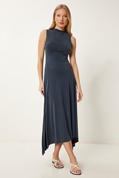 Happiness İstanbul Kadın Antrasit Soluk Efektli Volanlı Modal Elbise UB00394