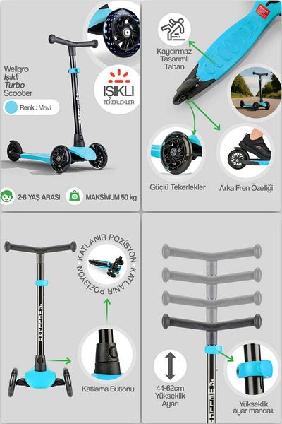 Wellgro Lighted Scooter, Adjustable Height, Front Wheels Kids Scooter with Lights, Blue