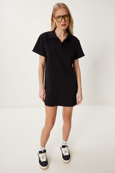 Happiness İstanbul Women's Black Polo Neck Pique Knitted Mini Dress Dp00253