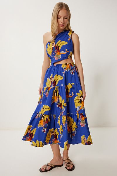 Happiness İstanbul Lila-gelbes, einseitig gemustertes Midi-Popeline-Kleid für Damen FK00018