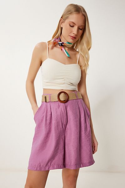 Happiness İstanbul Damen-Farbe Lilac Straw Belted City Size Ayrobin Bermuda Shorts DP00258