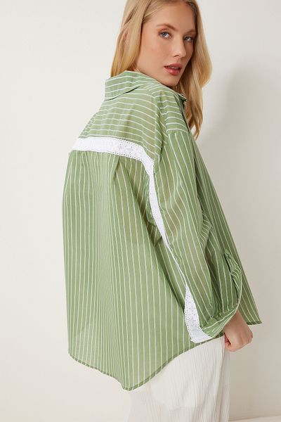 Happiness İstanbul Women's Light Green Lace Detailed Striped Oversize Shirt Rv00210