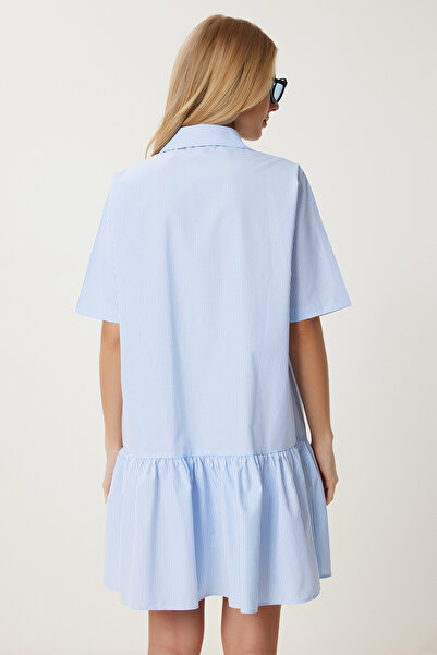 Happiness İstanbul Kadın Gök Mavi Beyaz Çizgili Volanlı Gömlek Elbise FG00023