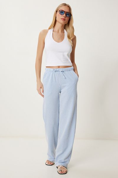 Happiness İstanbul Blaue, knochenstreifige, weit geschnittene Strickhose für Damen HW00018