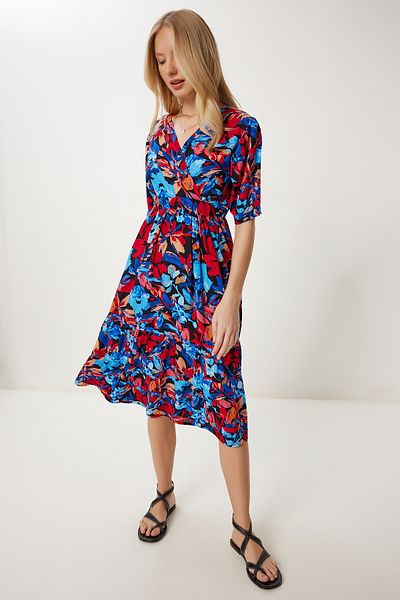 Happiness İstanbul Rochie de vară din viscoză cu model pentru femei, albastru, burgundă, cu guler înfășurat ZV00319