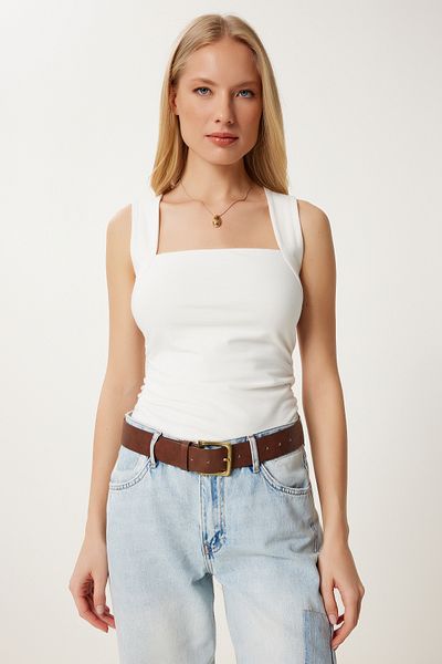 Happiness İstanbul Damen-Bluse mit quadratischem Kragen und gerafftem, dehnbarem Strickmuster FW00014