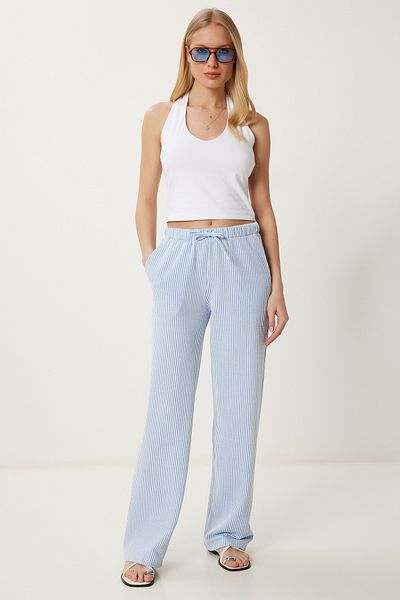 Happiness İstanbul Blaue, knochenstreifige, weit geschnittene Strickhose für Damen HW00018