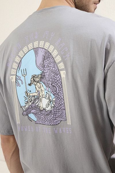 Trendyol Collection Μπλουζάκι ArTisTic Printed Grey Oversize - 100% κοντό μανίκι TMNSS21TS3559