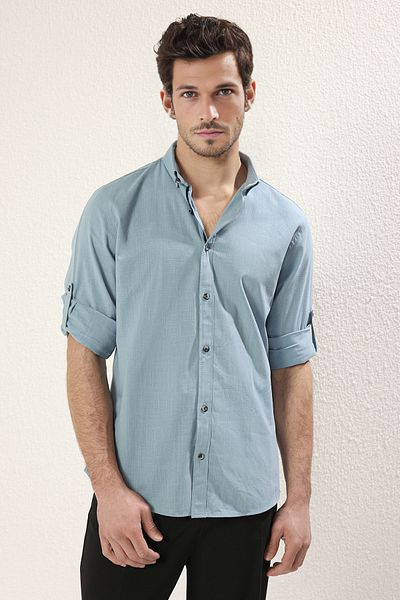Trendyol Collection Kék Slim Fit pamut ing epaulettekkel - TMNSS20GO0189
