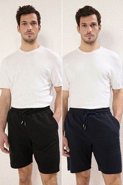 Trendyol Collection Μαύρο-μπλε ναυτικό σορτς 2 συσκευασιών κανονικής/κανονικής κοπής με ανάγλυφη συσκευασία & βερμούδες