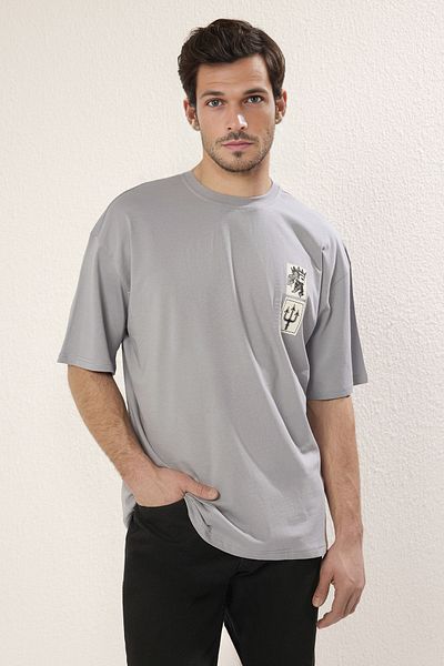 Trendyol Collection Μπλουζάκι ArTisTic Printed Grey Oversize - 100% κοντό μανίκι TMNSS21TS3559