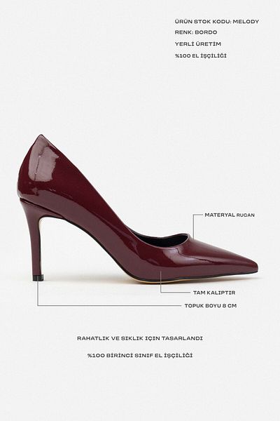 NİŞANTAŞI SHOES Melody Claret Red Piele Lacuita 8 cm Varf Ascutit Toc Subtire Stiletto Femei