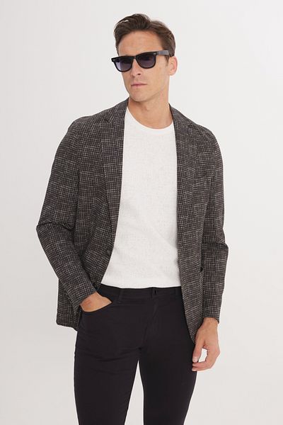 ALTINYILDIZ CLASSICS Men's Khaki Slim Fit Slim Fit Mono Collar Houndstooth Patterned Blazer Jacket