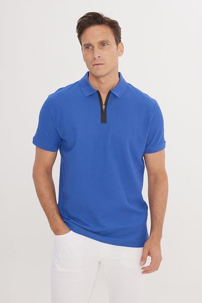 ALTINYILDIZ CLASSICS Herren Saks Blue Slim Fit Slim Fit Polokragen 100 % Baumwolle mit Wabenmuster, kurzärmeliges T-Shirt