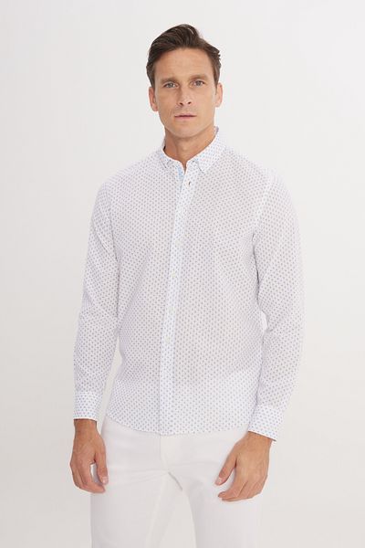 ALTINYILDIZ CLASSICS Bílá plátěná Slim Fit košile - námořnická modrá, límeček s knoflíky, potištěný