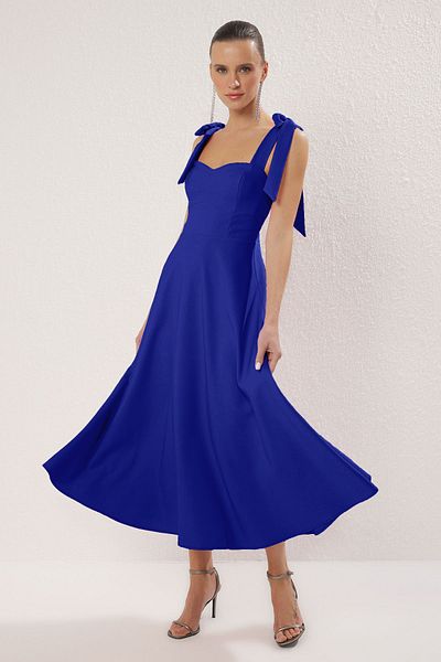 Trendyol Collection Saks A-Line Strap Binding Detailed Woven Midi Stylish Evening Dress Night Graduation Dress Tprss24El00251