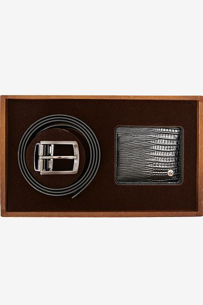 ALTINYILDIZ CLASSICS Ανδρική Μαύρη Ειδική Ξύλινη Ζώνη με Κουτί δώρου - Σετ αξεσουάρ θήκης κάρτας Πακέτο γαμπρού
