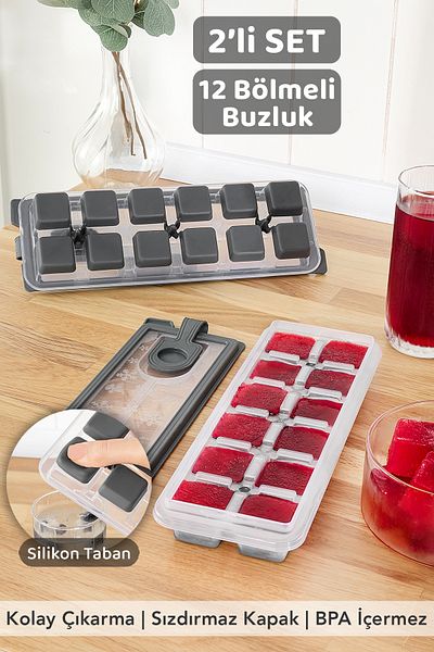 Meleni Home 2 Pieces Silicone Push-Pull Ice Tray - 12-Cup Non-Stick Silicone Cocktail Presentation Ice Mold with Lid Gray