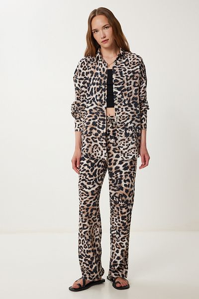 Happiness İstanbul Women's Black Beige Leopard Patterned Viscose Shirt Pants Suit Wf00140