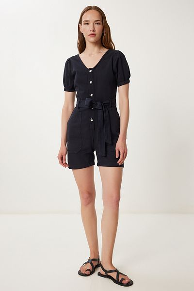 Happiness İstanbul Schwarzer Mini-Gabardine-Overall für Damen mit Gürtel WF00112