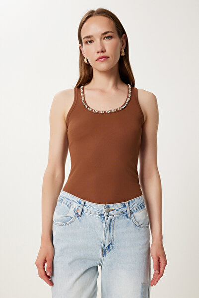 Happiness İstanbul Women's Brown Green 2 Pack Pearl Stone Detailed Ribbed Knitted Undershirt Pb00038