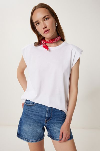 Happiness İstanbul Women's White Padded Basic Knitted T-Shirt Fg00031