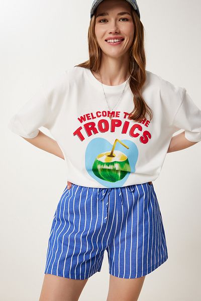 Happiness İstanbul Dunkelblau gestreifte Freizeitshorts für Damen PB00036