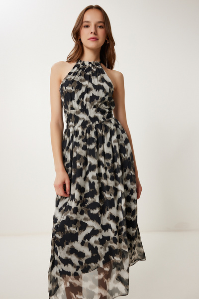 Happiness İstanbul Kadın Siyah Gri Desenli Volanlı Midi Şifon Elbise FG00029