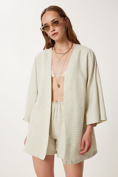 Happiness İstanbul Women's Stone Pattern Linen Kimono Shorts Set Wf00153