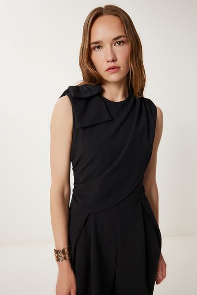 Happiness İstanbul Women's Black Bow Detailed Woven Jumpsuit Wf00111