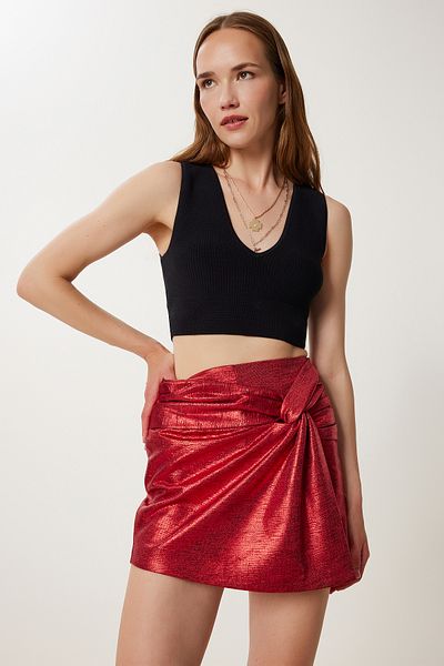 Happiness İstanbul Women's Burgundy Knotted Glitter Mini Shorts Skirt Wf00133