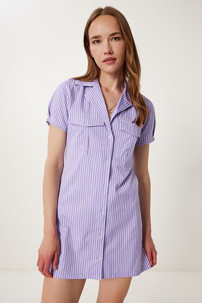 Happiness İstanbul Women's Lilac Striped Summer Mini Shirt Dress Tp00064