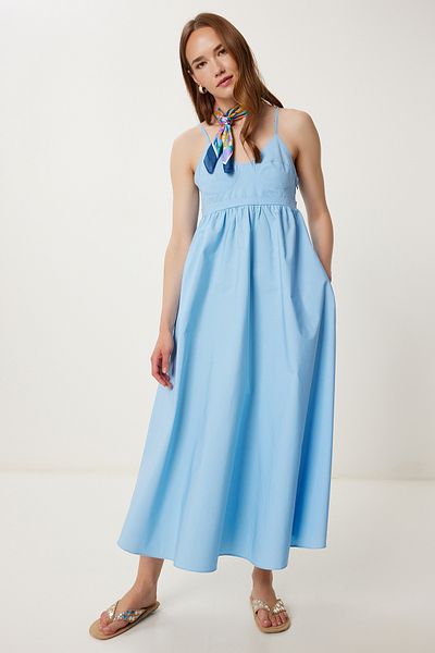 Happiness İstanbul Rochie de vară midi din poplin cu bretele albastru cer FK00037