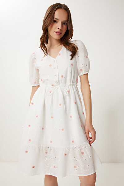 Happiness İstanbul Dámské letní šaty Ecru Pink vroubkované květinové vyšívané TP00060