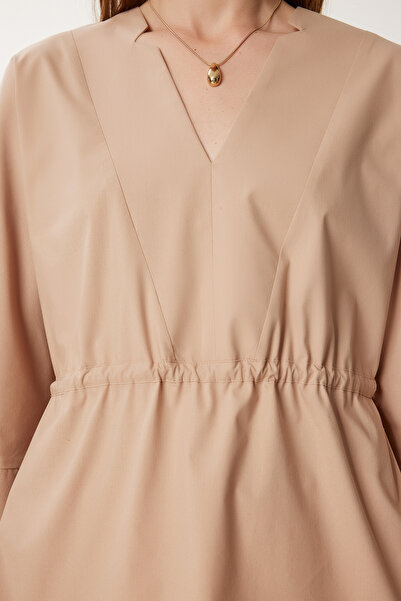 Happiness İstanbul Kadın Bej Bağlama Detaylı Mevsimlik Poplin Bluz WF00132