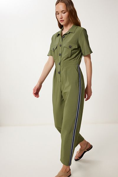 Happiness İstanbul Khakifarbener, gestreifter, detaillierter Ayrobin-Jumpsuit für Damen WF00134