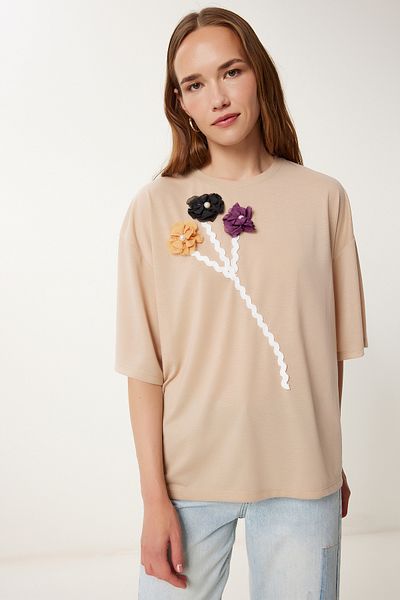 Happiness İstanbul Tricou tricotat de damă, bej, cu detalii florale, decoltat, TP00086