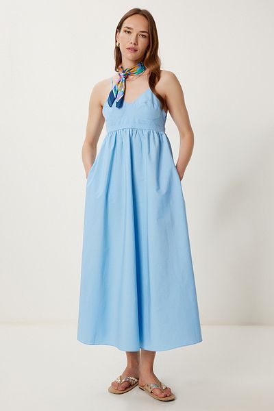 Happiness İstanbul Rochie de vară midi din poplin cu bretele albastru cer FK00037