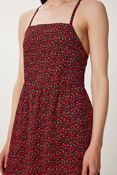 Happiness İstanbul Women's Burgundy Black Floral Patterned Strap Summer Midi Dress Tp00059