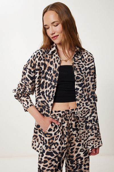 Happiness İstanbul Women's Black Beige Leopard Patterned Viscose Shirt Pants Suit Wf00140