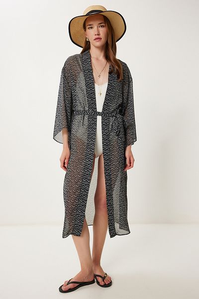 Happiness İstanbul Women's Black and White Patterned Belted Chiffon Kimono Fg00021