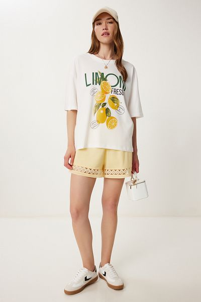 Happiness İstanbul Damen-T-Shirt aus Baumwolle mit Ecru-Zitronen-Print YY00240